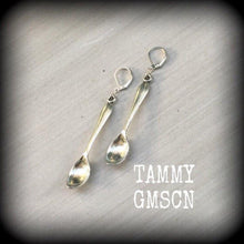 Load image into Gallery viewer, Teaspoon earrings Tea Party earrings Plug earrings Food jewelry Tunnel earrings Spoon earrings Pierced ears Plug dangles Gauges 2g 4g 6g 8g