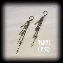 Load image into Gallery viewer, Arrow earrings Tunnel earrings Bronze earrings Goddess Artemis earrings Pan Saggitarius earrings Pierced ears Plug earrings Gauged earrings