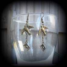 Load image into Gallery viewer, Swallow earrings, Sailor earrings, Tattoo earrings, Nautical earrings, Heart earrings, Love Letter, Tunnel earrings, Plug earrings, Gauges