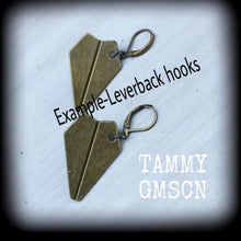 Load image into Gallery viewer, Origami earrings Plane earrings Cute earrings Kitsch earrings Kawaii earrings Gifts for her Tapers Pierced ears Stretched ears Gauges Plugs