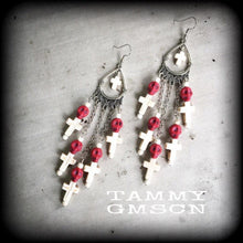 Load image into Gallery viewer, Skull earrings Voodoo ear weights Marie Laveau Los Muertos Loa Santeria Inverted cross Gauged earrings Day of the Dead Tunnel dangles Gauges