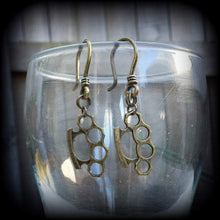 Load image into Gallery viewer, Brass knuckle Tunnel dangles Knuckle Duster Plug dangles Blood duster ear hangers Riot Grrl Punk Gauges Hanging gauges Gauged earrings 2g 4g