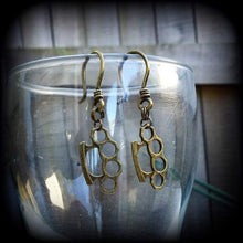 Load image into Gallery viewer, Brass knuckle Tunnel dangles Knuckle Duster Plug dangles Blood duster ear hangers Riot Grrl Punk Gauges Hanging gauges Gauged earrings 2g 4g