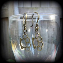 Load image into Gallery viewer, Brass knuckle Tunnel dangles Knuckle Duster Plug dangles Blood duster ear hangers Riot Grrl Punk Gauges Hanging gauges Gauged earrings 2g 4g