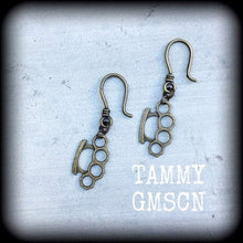 Load image into Gallery viewer, Brass knuckle Tunnel dangles Knuckle Duster Plug dangles Blood duster ear hangers Riot Grrl Punk Gauges Hanging gauges Gauged earrings 2g 4g