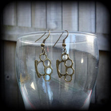 Load image into Gallery viewer, Brass knuckle earrings Knuckle Duster earrings Blood duster earrings Punk earrings Riot Grrl earrings Pierced ears Stretched ears Tapers 0g
