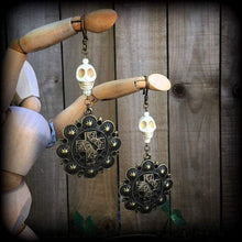 Load image into Gallery viewer, Erzulie earrings Skull earrings Ston Tunnel earrings Plug earrings Voodoo Loa Santeria Halloween Pierced ears Gauged earrings Haitian Voodoo
