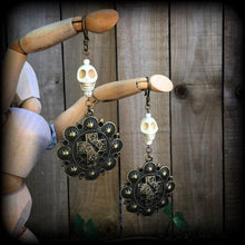 Load image into Gallery viewer, Voodoo ear weights Skull ear hangers Erzulie Loa Voodoo Tunnel dangles Santeria Plug dangles Hanging gauges Gauged earrings Gauges 00g 0g 2g