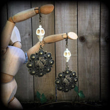 Load image into Gallery viewer, Erzulie earrings Skull earrings Ston Tunnel earrings Plug earrings Voodoo Loa Santeria Halloween Pierced ears Gauged earrings Haitian Voodoo