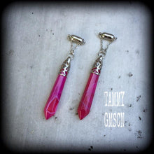 Load image into Gallery viewer, Pink agate earrings Gemstone earrings Stone Earrings Pendulum earrings Dangle earrings Pierced ears Tunnel earrings Plug earrings Gauges 0g