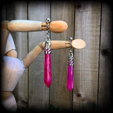 Load image into Gallery viewer, Pink agate earrings Gemstone earrings Stone Earrings Pendulum earrings Dangle earrings Pierced ears Tunnel earrings Plug earrings Gauges 0g