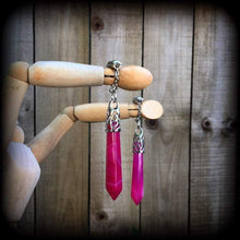 Load image into Gallery viewer, Pink agate earrings Gemstone earrings Stone Earrings Pendulum earrings Dangle earrings Pierced ears Tunnel earrings Plug earrings Gauges 0g