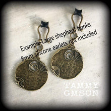 Load image into Gallery viewer, Voodoo earrings, Large bronze earrings, Tribal earrings, Ornate bronze earrings, Ogoun jewelry, Tunnel earrings, Plug earrings, Loa jewelry