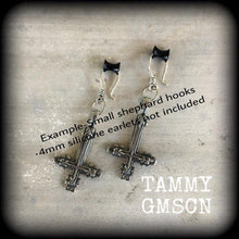 Load image into Gallery viewer, Inverted Cross earrings Gothic earrings Antichrist jewelry Plug earrings St Peters cross Occult earrings Church of Satan Tunnel earrings 3mm