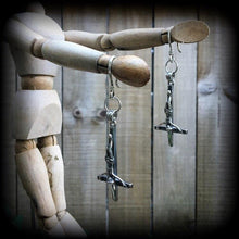 Load image into Gallery viewer, Saint Peter earrings Inverted Cross ear weights Cross ear hangers Satanic Evil Gothic Esoteric Tunnel dangles Gauged earrings Plug dangles