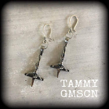 Load image into Gallery viewer, Saint Peter earrings Inverted Cross ear weights Cross ear hangers Satanic Evil Gothic Esoteric Tunnel dangles Gauged earrings Plug dangles