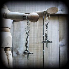 Load image into Gallery viewer, Saint Peter earrings Inverted Cross ear weights Cross ear hangers Satanic Evil Gothic Esoteric Tunnel dangles Gauged earrings Plug dangles