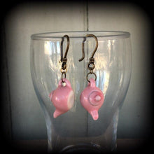 Load image into Gallery viewer, Pink tea pot tunnel dangles 3mm 4mm 5mm 2 gauge ear hangers 8 gauge plug dangles Light weight 4 gauge tunnel earrings 8mm 6mm plug earrings