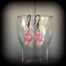 Load image into Gallery viewer, Pink tea pot tunnel dangles 3mm 4mm 5mm 2 gauge ear hangers 8 gauge plug dangles Light weight 4 gauge tunnel earrings 8mm 6mm plug earrings