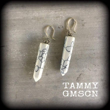 Load image into Gallery viewer, Turquoise earrings Gemstone Crystal Boho Wicca Chakra Howlite earrings Stone White earrings Pierced ears Gauges French hooks Kidney hooks