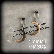 Load image into Gallery viewer, Crescent moon earrings Goddess earrings Moon phase Celestial earrings Pierced ears Stretched ears Gauged earrings Kidney hooks Lever backs