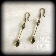 Load image into Gallery viewer, Spoon ear hangers Crown Bronze Tunnel dangles Coffee plug earrings Tunnel plugs Plug dangles Stretched ears Plugs Gauged earrings 0g 2g 4g