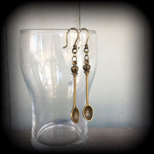 Load image into Gallery viewer, Spoon ear hangers Crown Bronze Tunnel dangles Coffee plug earrings Tunnel plugs Plug dangles Stretched ears Plugs Gauged earrings 0g 2g 4g