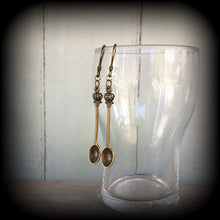 Load image into Gallery viewer, Spoon ear hangers Crown Bronze Tunnel dangles Coffee plug earrings Tunnel plugs Plug dangles Stretched ears Plugs Gauged earrings 0g 2g 4g