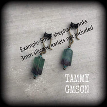 Load image into Gallery viewer, Flourite earrings Gemstone Crystal Stone Dagon Boho Verdigris Patina Bronze Tunnel earrings Tunnel dangles Plug earrings Gauged earrings