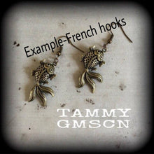 Load image into Gallery viewer, Koi fish earrings, Gold fish earrings, Tattoo earrings, Sailor Jerry, Tattoo jewelry, Tunnel earrings, Japanese fish, Plug earrings, Gauges