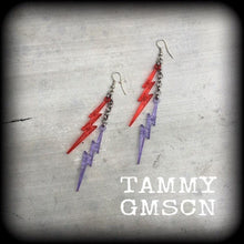 Load image into Gallery viewer, Lightning earrings Lightning Bolt earrings Kitsch Kawaii Pop Art earrings Plug earrings Pierced ears Stretched ears Tunnel dangles Gauges
