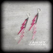 Load image into Gallery viewer, Lightning Bolt earrings Pink Retro Kitsch earrings Bowie earrings Tunnel dangles Plug earrings Pierced ears Stretched ears Gauges Plugs 0g