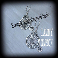 Load image into Gallery viewer, Retro ear hangers Ear weights Tunnel dangles Tunnel earrings Plug earrings Kitsch Boho Penny Farthing Bicycle Vintage Steampunk 00g 0g 2g 4g