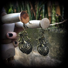 Load image into Gallery viewer, Bronze earrings Genie earrings Aladdin earrings Water earrings Aquarius earrings Ornate Bronze earrings Statement earrings Tunnel dangles 8g