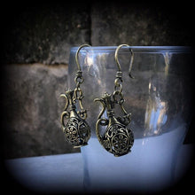 Load image into Gallery viewer, Bronze earrings Genie earrings Aladdin earrings Water earrings Aquarius earrings Ornate Bronze earrings Statement earrings Tunnel dangles 8g