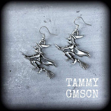 Load image into Gallery viewer, Witches earring Besom earrings Halloween earrings 3mm tunnel earrings Pagan earrings Beltane jewelry Plug gauges 2g plug earrings Witchcraft