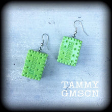Load image into Gallery viewer, Biscuit earrings Junk food earrings Kitsch earrings Food earrings Cookie earrings Zombie earrings Junk food jewelry Tunnel dangles 3mm 4mm