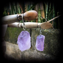 Load image into Gallery viewer, Amethyst earrings Gemstone Earrings Crystal earrings Quartz earrings Purple earrings Boho earrings Pierced ears Dangle earrings Gauges Plugs
