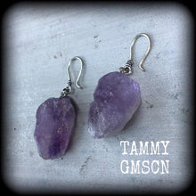 Load image into Gallery viewer, Amethyst earrings Gemstone Earrings Crystal earrings Quartz earrings Purple earrings Boho earrings Pierced ears Dangle earrings Gauges Plugs