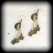 Load image into Gallery viewer, Moon earrings Star earrings Celestial earrings Moon and Star earrings Space earrings Boho earrings Pierced ears Tapers Gauges 0g 2g 4g 6g 8g