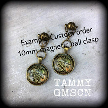 Load image into Gallery viewer, Sigil earrings Occult earrings Sigil of Astaroth earrings Lucifer Church of Satan Temple of Set Pierced ears French hooks 00g 0g 2g 4g 6g 8g