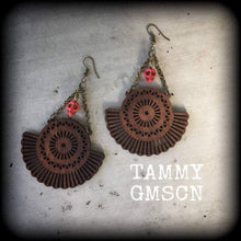 Load image into Gallery viewer, Goddess of Death earrings Kali Maa earrings Wood earrings Mandala earrings Skull earring Kali earrings Hindu earrings Tunnel dangles Gauges