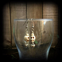 Load image into Gallery viewer, Skull earrings Voodoo earrings Loa jewelry Erzulie earrings Skull jewelry Los Muertos jewelry Heart earrings Tunnel earrings Plug dangles