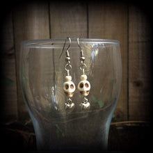 Load image into Gallery viewer, Skull earrings Voodoo earrings Loa jewelry Erzulie earrings Skull jewelry Los Muertos jewelry Heart earrings Tunnel earrings Plug dangles