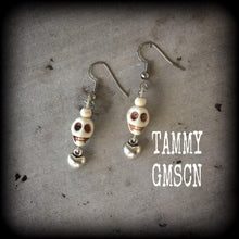 Load image into Gallery viewer, Skull earrings Voodoo earrings Loa jewelry Erzulie earrings Skull jewelry Los Muertos jewelry Heart earrings Tunnel earrings Plug dangles