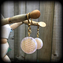 Load image into Gallery viewer, Rose Quartz ear weights Flower of Life Ear hangers Tunnel dangles Sacred Geometry Geometric Plug dangles Gauges Gauged earrings 00g 0g 2g
