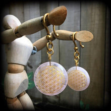 Load image into Gallery viewer, Rose Quartz ear weights Flower of Life Ear hangers Tunnel dangles Sacred Geometry Geometric Plug dangles Gauges Gauged earrings 00g 0g 2g