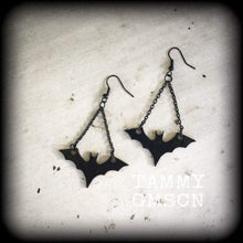 Load image into Gallery viewer, Bat earrings Dangle earrings Halloween earrings Gothic earrings Animal earrings Pierced ears Stretched lobes 8g tunnel dangles Plug earring