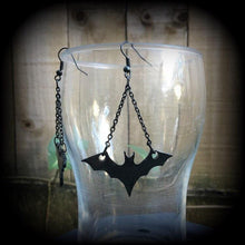 Load image into Gallery viewer, Bat earrings Dangle earrings Halloween earrings Gothic earrings Animal earrings Pierced ears Stretched lobes 8g tunnel dangles Plug earring