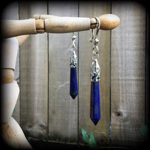Load image into Gallery viewer, 2 gauge Lapis Lazuli ear weights 6mm gemstone ear hangers 4mm plug dangles 0 gauge earrings 8mm hanging gauges 8mm tunnel earrings tunnels
